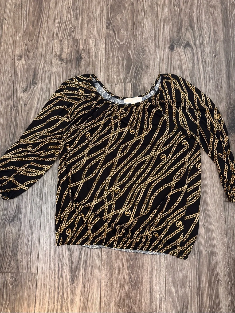 Michael Kors Black Top with Gold Chain & MK Logo Print